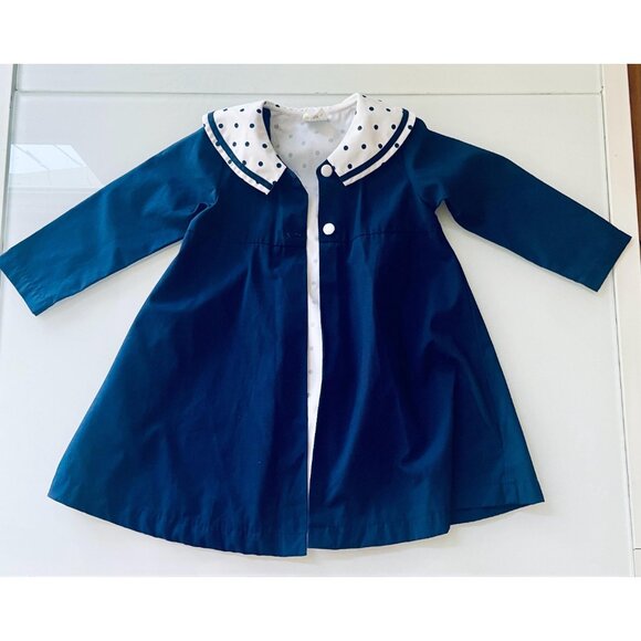 Vintage 3T Polka Dot Dress with Matching Coat: Navy Blue Cotton Blend - Picture 2 of 9